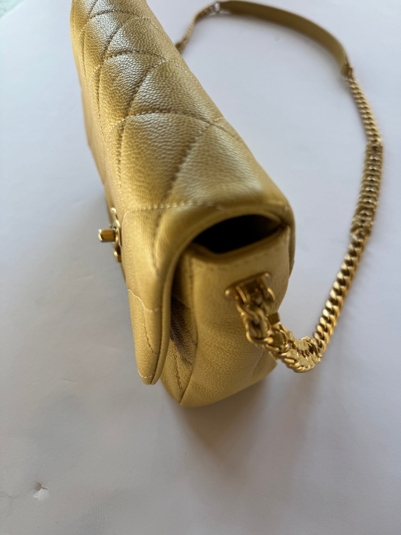 Chanel Designer Bags Pale Yellow Quilted Caviar Chain Melody Flap Handbag