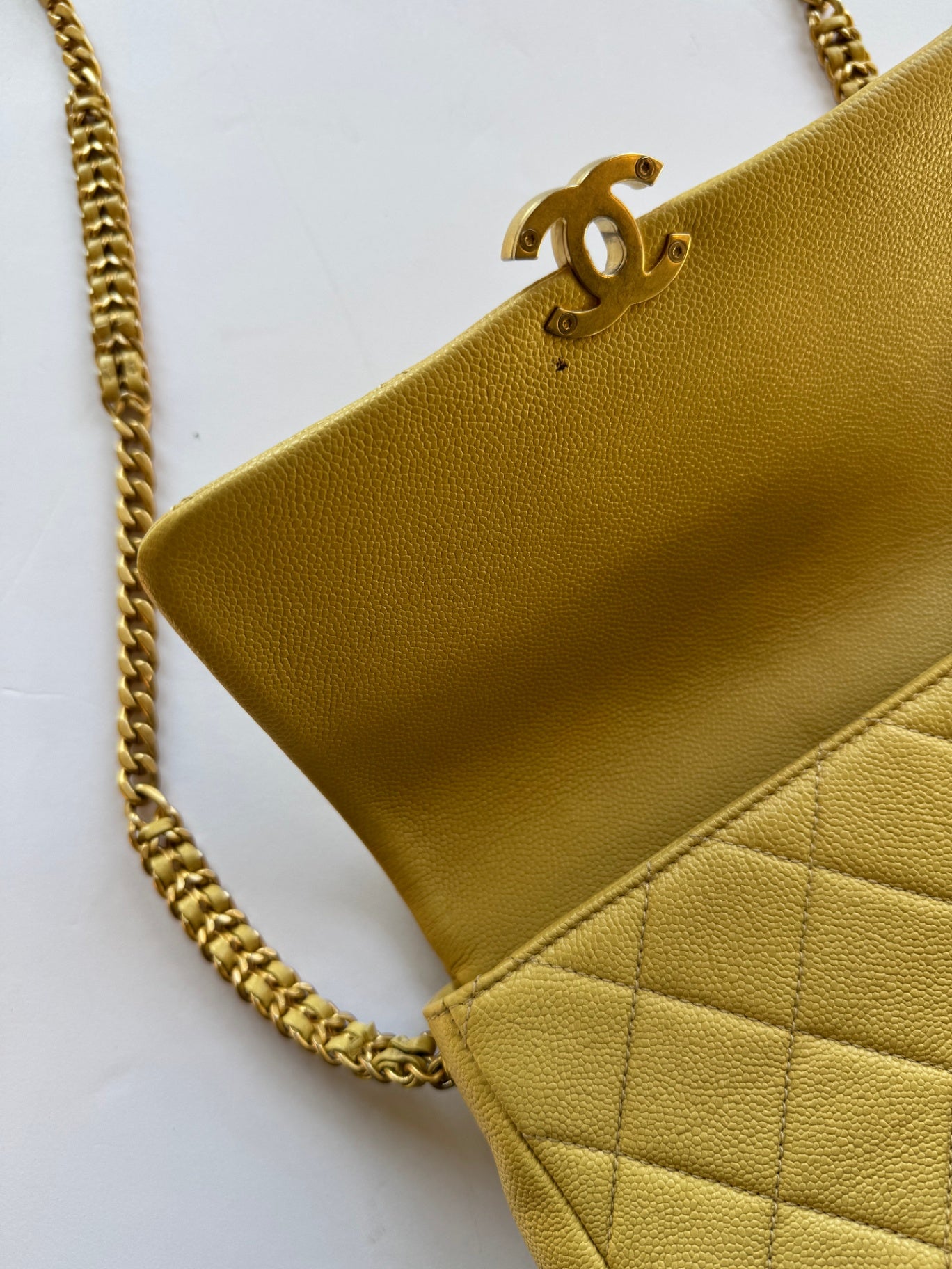 Chanel Designer Bags Pale Yellow Quilted Caviar Chain Melody Flap Handbag