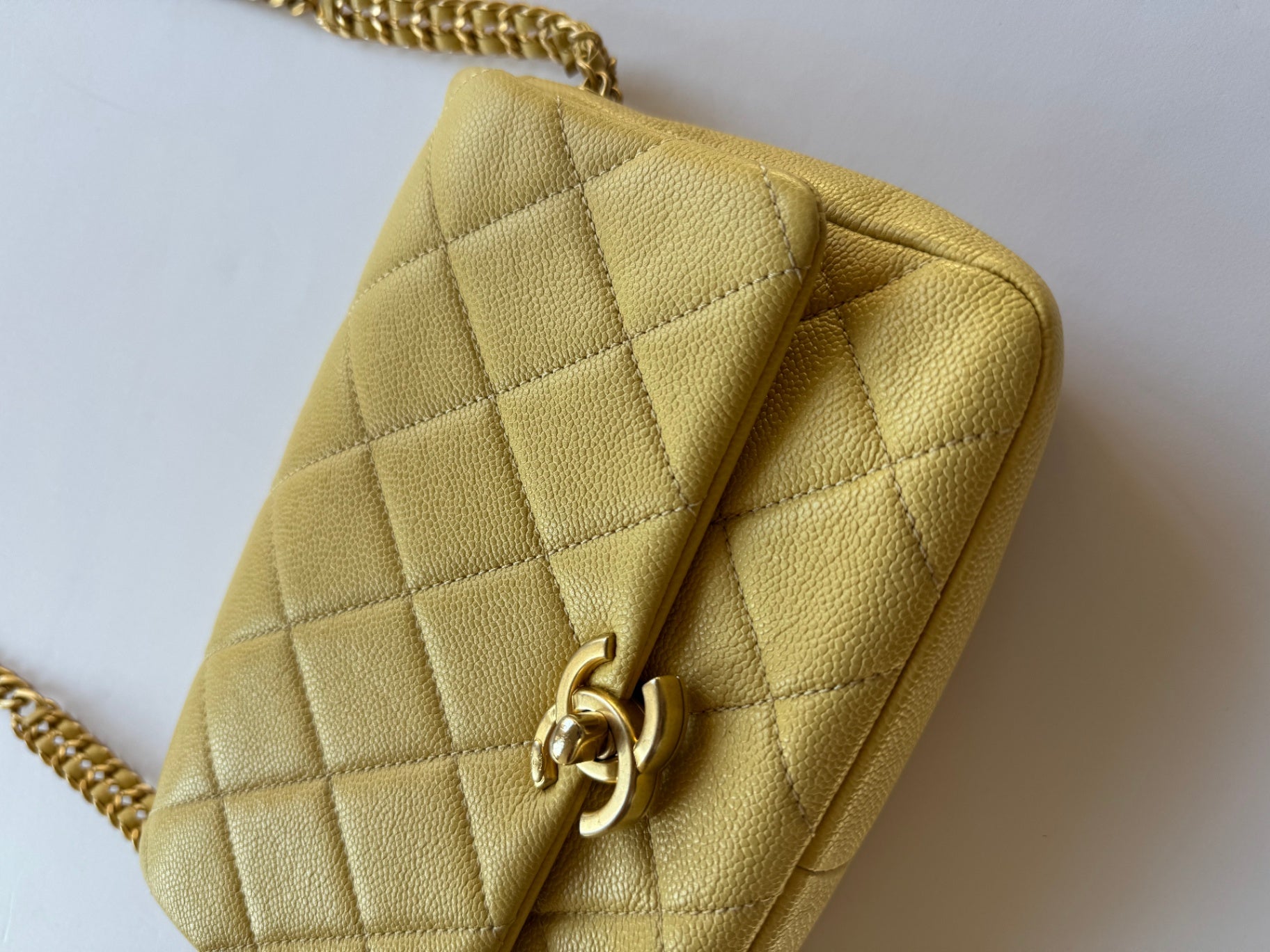 Chanel Designer Bags Pale Yellow Quilted Caviar Chain Melody Flap Handbag