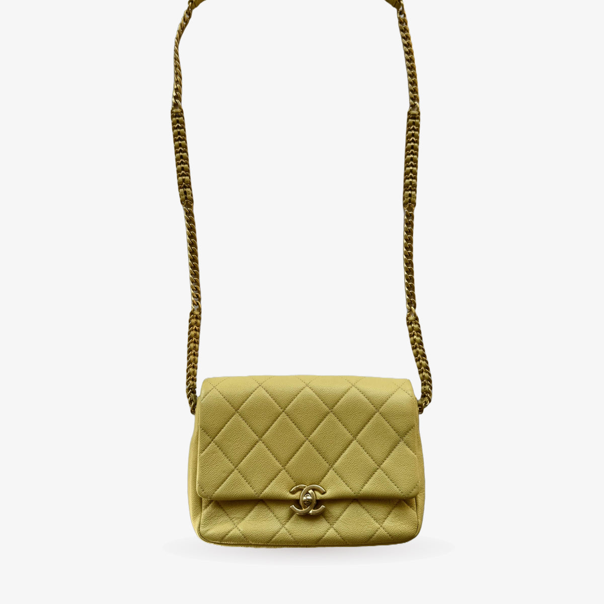 Chanel Designer Bags Pale Yellow Quilted Caviar Chain Melody Flap Handbag