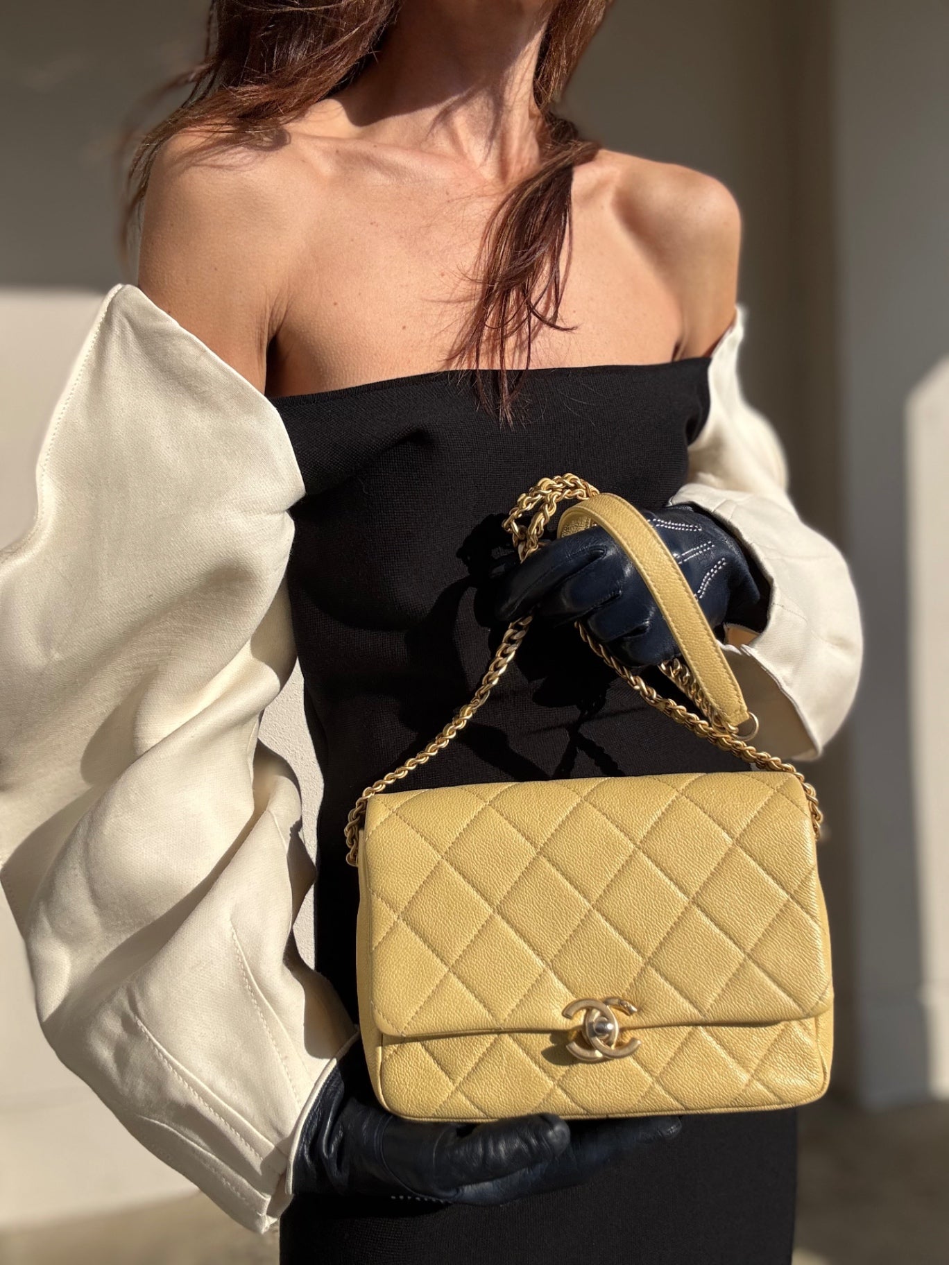 Chanel Designer Bags Pale Yellow Quilted Caviar Chain Melody Flap Handbag