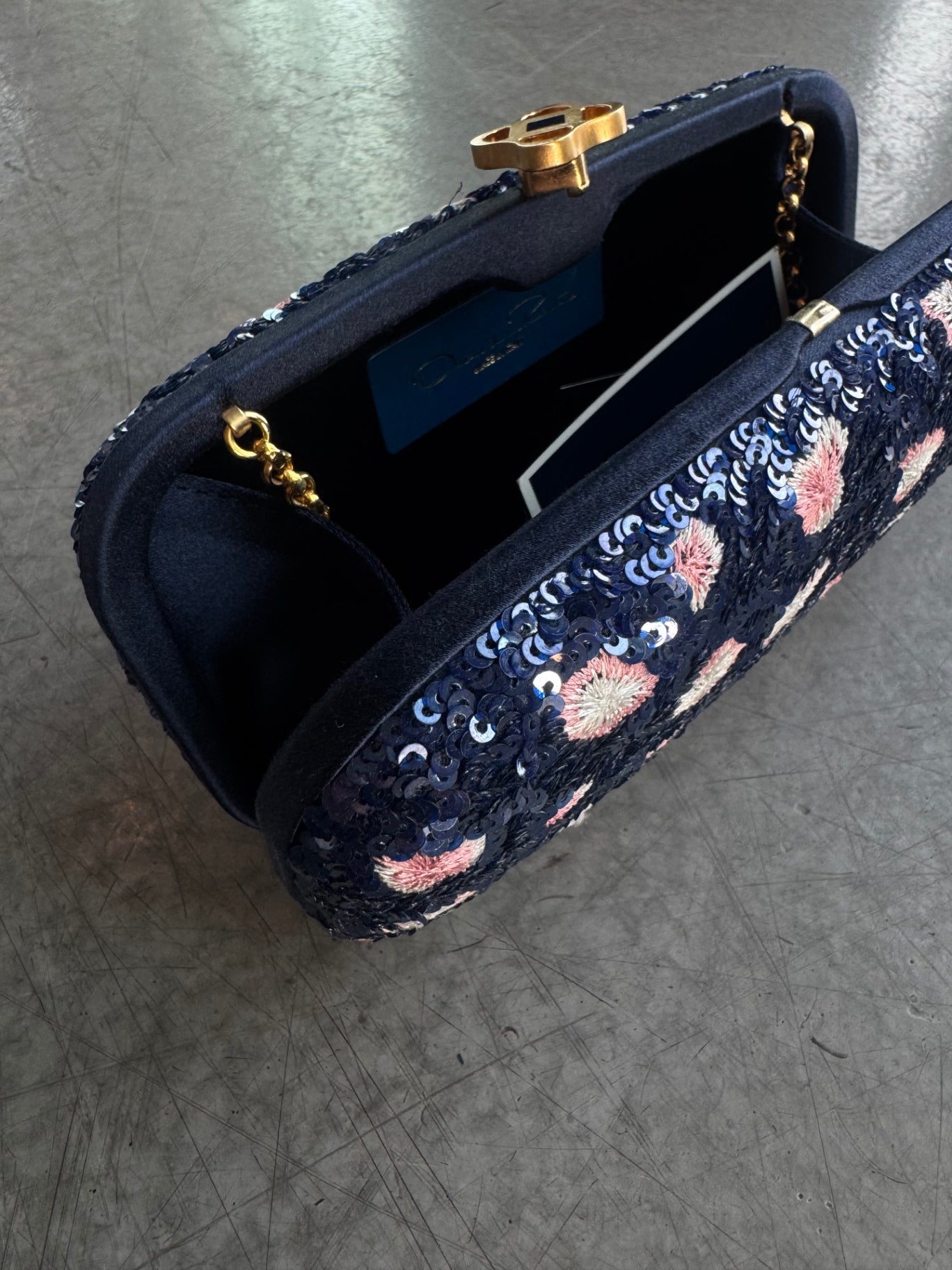 Oscar de la Renta Designer Bags N/S Blue/Pink Embroidered Clutch