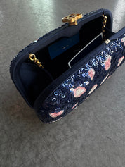 Oscar de la Renta Designer Bags N/S Blue/Pink Embroidered Clutch