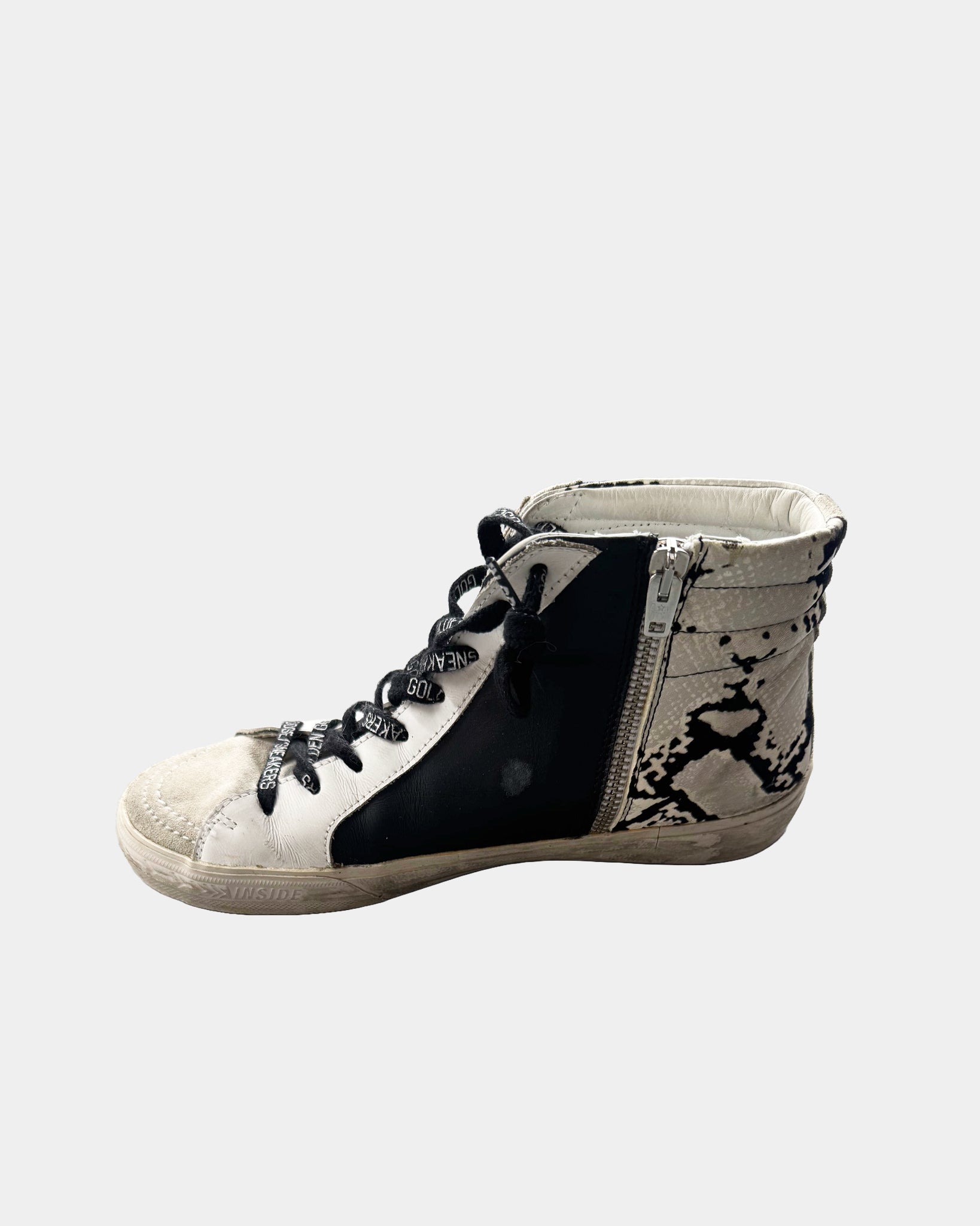 Black/White Golden Goose High Top Snake Embossed Sneaker, 39